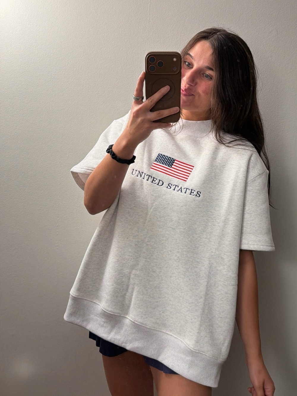 United States Flag Short-Sleeve Sweatshirt Top - White